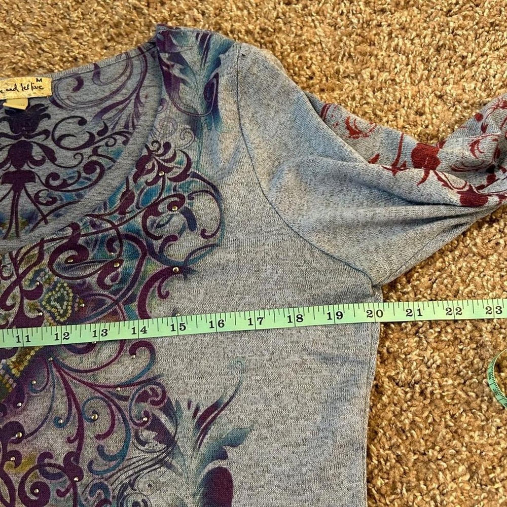 Live and Let Live Y2K Graphic Long Sleeve Knit Grunge Top Gray Purple Medium - Picture 7 of 7